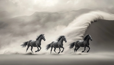 三匹马奔跑沙浪背景
