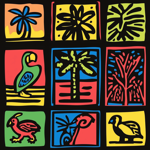 岩洞壁画冲浪板蜥蜴鹦鹉棕榈树