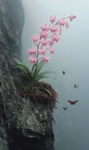 孤崖上的蝴蝶兰与飞蝶