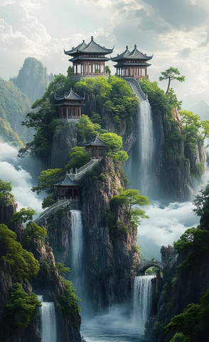 悬崖上的中式古亭与瀑布壮丽风景