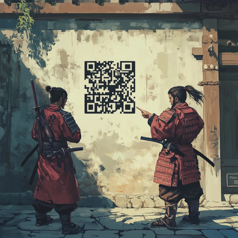 武士注视墙上的二维码