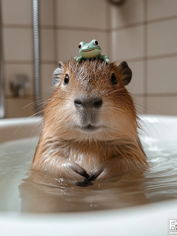 水浴中的卡皮巴拉与青蛙玩偶