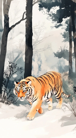 森林中行走的橘色老虎