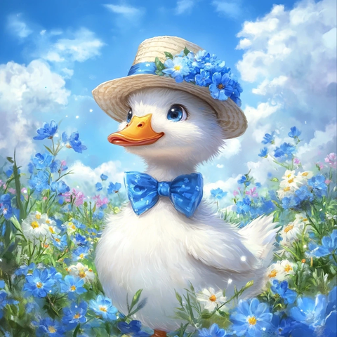 蓝色花园中的戴帽小鸭