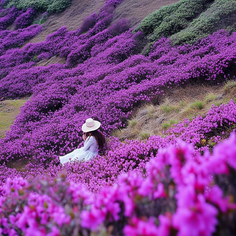 女孩白裙躺紫粉色杜鹃丛