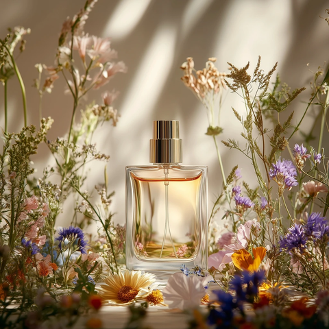 香水瓶与野花静物摄影