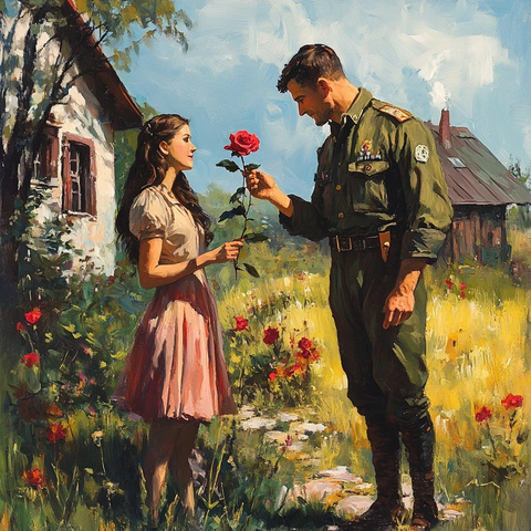 士兵赠花女子园中