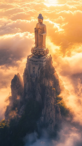 云雾缭绕山间的大佛壮观景象