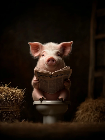 粉色猪坐马桶读报纸