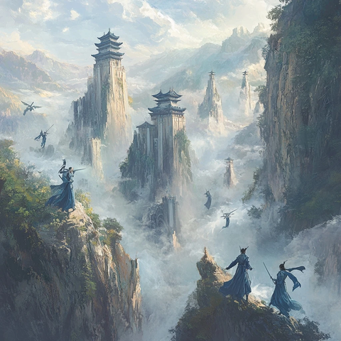 云雾缭绕山间有古装人物的仙侠场景