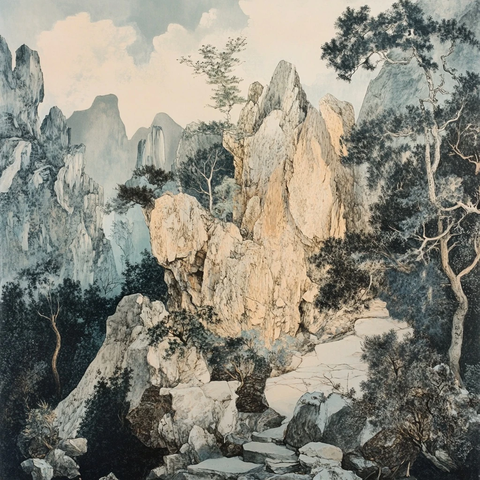 山林中怪石嶙峋的自然风景