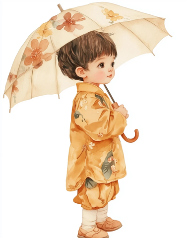 小孩撑伞水彩插画