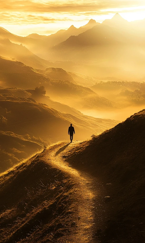 山间小路独行晨光映影