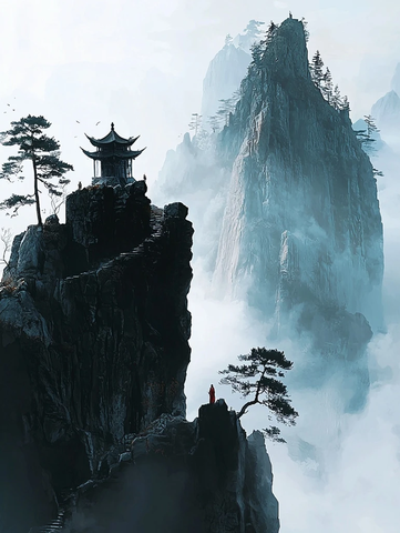 悬崖上的亭子与红衣人构成的壮美山景