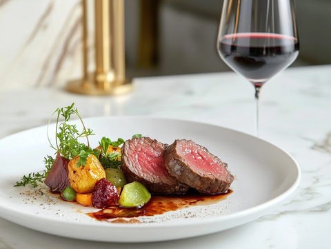 牛排配蔬菜酒杯餐桌摆盘