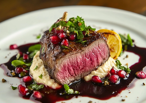 烤羊排配茄泥与石榴汁