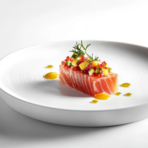 白盘烤金枪鱼配白背景