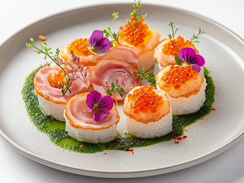 脆香鱼籽奶油酱佐花叶拼盘