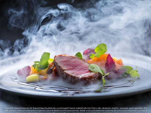 烤鸭与季节蔬菜摆盘