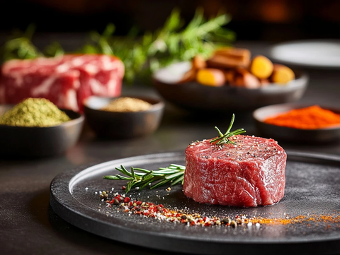 牛排搭配香料静物摄影