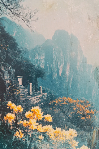 山间花丛旁的石柱景致