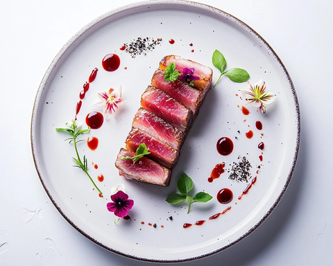 金枪鱼排佐酱花海搭配