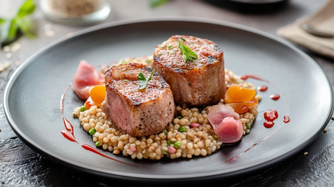 煎猪里脊配珍珠大麦烩饭