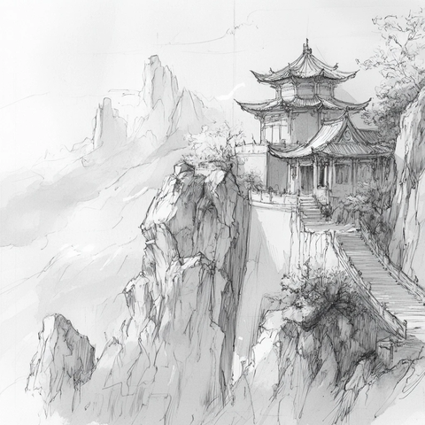 悬崖边的中式古亭建筑景观