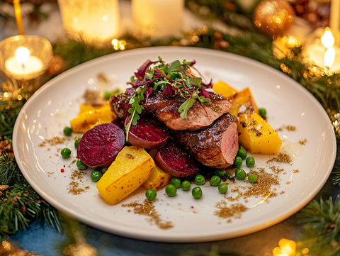 鸭肉绿沙拉配甜菜和土豆