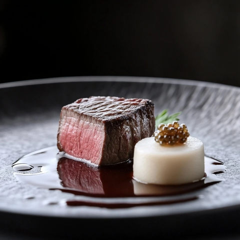 和牛牛排配芹菜根泥与鱼子酱