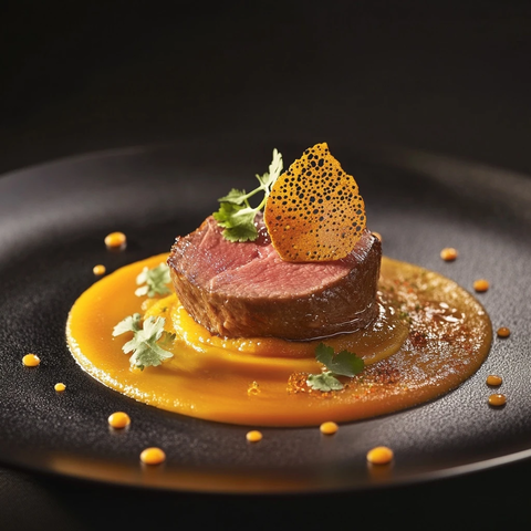 火山风光美食球形羊排佐番薯泥