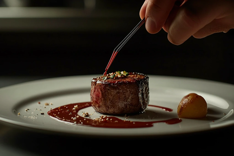 主厨手握夹子精致摆盘