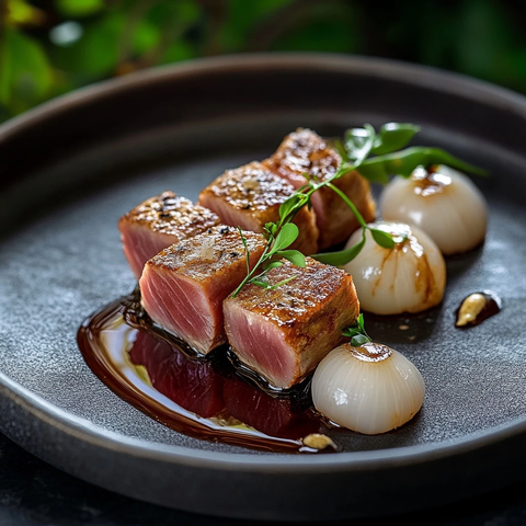 金枪鱼牛排配焦糖洋葱