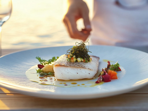 海鲈鱼片配海藻酱蔬菜