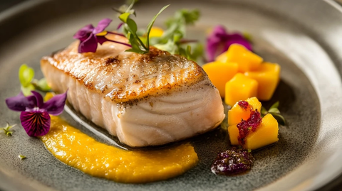 热带鱼料理搭配芒果与石榴汁