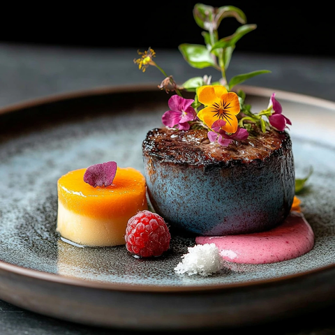 芒果雪葩配树莓舒芙蕾与椰子花