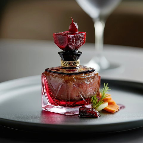 牛排香水瓶造型配蔬菜装饰