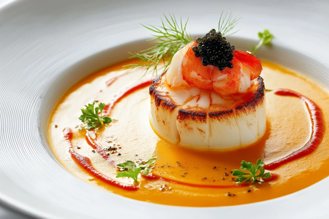 龙虾海鲜浓汤配香煎扇贝