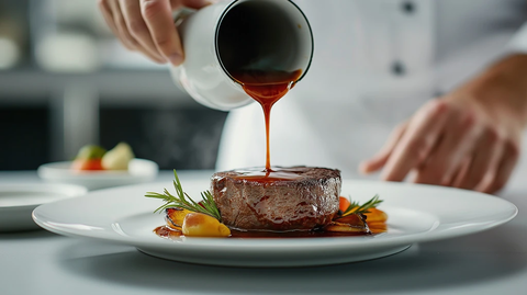 厨师倾倒酱汁肉品餐盘
