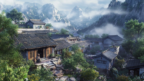 山中古村落全景云雾缭绕的宁静乡村