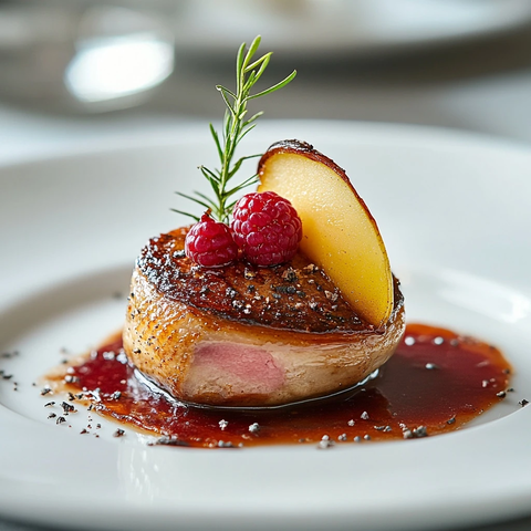 鸭胸配焦糖梨和树莓酱