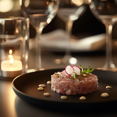 黑盘猪排塔塔配红酒与蜡烛