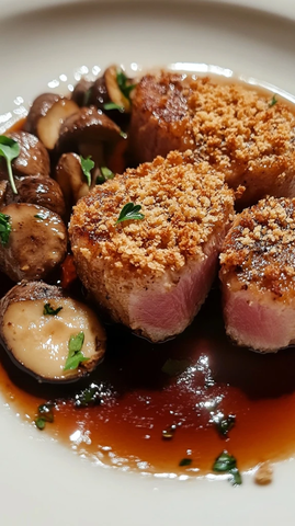 金针菇和金枪鱼在马德拉酱汁