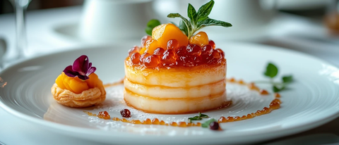 白盘桃酱配金纹绿菜