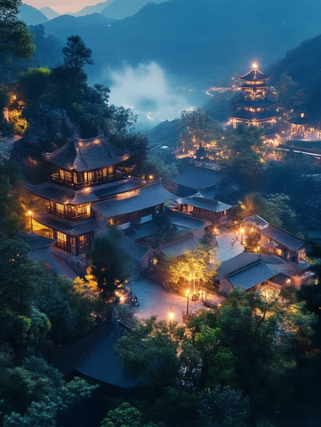 山中古建夜景灯火璀璨尽显古韵