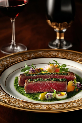 牛肉条配绿油蔬菜与酒杯