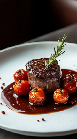 煎牛排配烤番茄和迷迭香