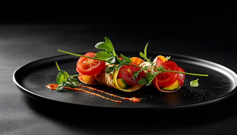 烤蔬菜卷配番茄装饰