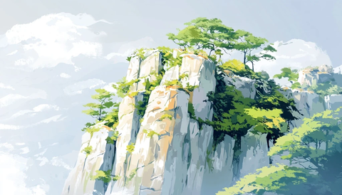 高山岩石上生长树木的自然景象