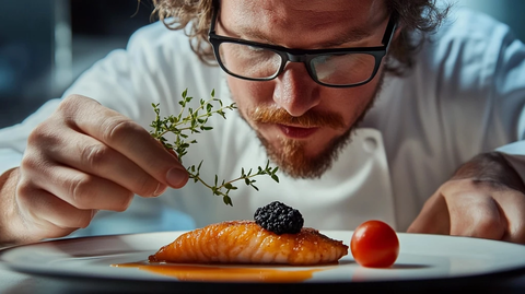 厨师点缀鱼料理配香草黑松露
